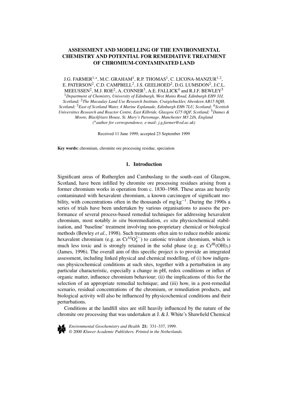 First page of ASSESSMENT AND MODELLING OF THE ENVIRONMENTAL CHEMISTRY AND POTENTIAL FOR REMEDIATIVE TREATMENT OF CHROMIUM-CONTAMINATED LAND