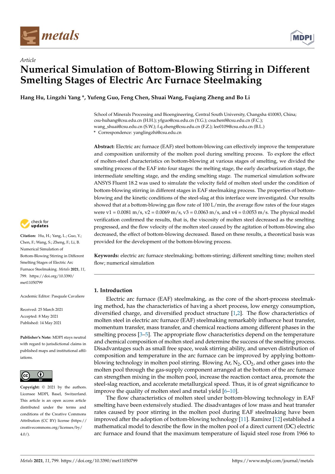 First page of Numerical Simulation of Bottom-Blowing Stirring in Different Smelting Stages of Electric Arc Furnace Steelmaking