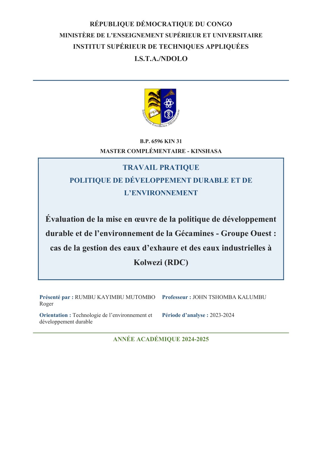 First page of Évaluation de la mise en œuvre de la politique de développement durable et de l’environnement de la Gécamines - Groupe Ouest : cas de la gestion des eaux d’exhaure et des eaux industrielles à Kolwezi (RDC)
