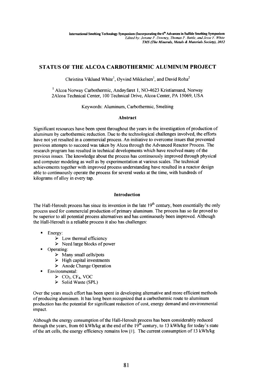 First page of Status of the Alcoa Carbothermic Aluminum Project