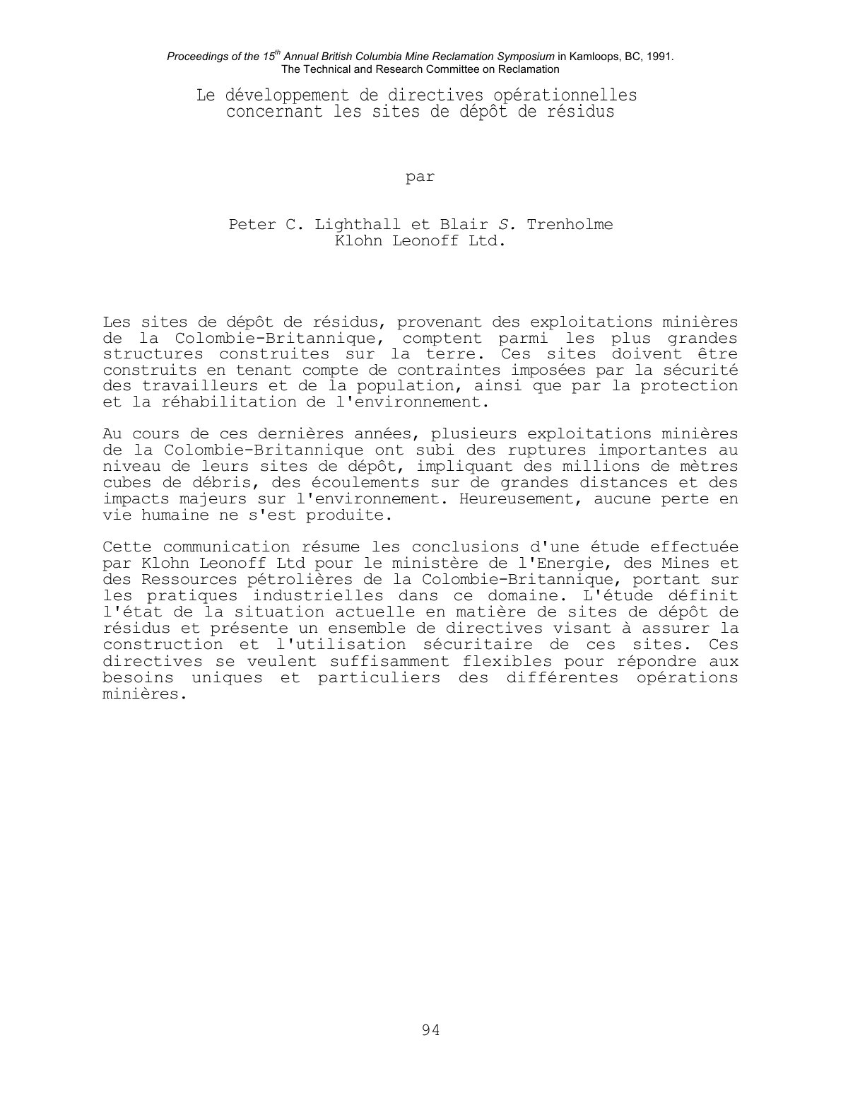 First page of Le développement de directives opérationnelles concernant les sites de dépôt de résidus
