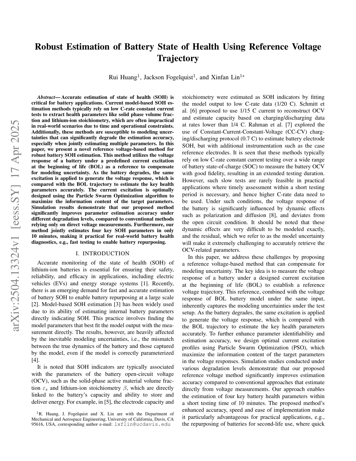 First page of Robust Estimation of Battery State of Health Using Reference Voltage Trajectory