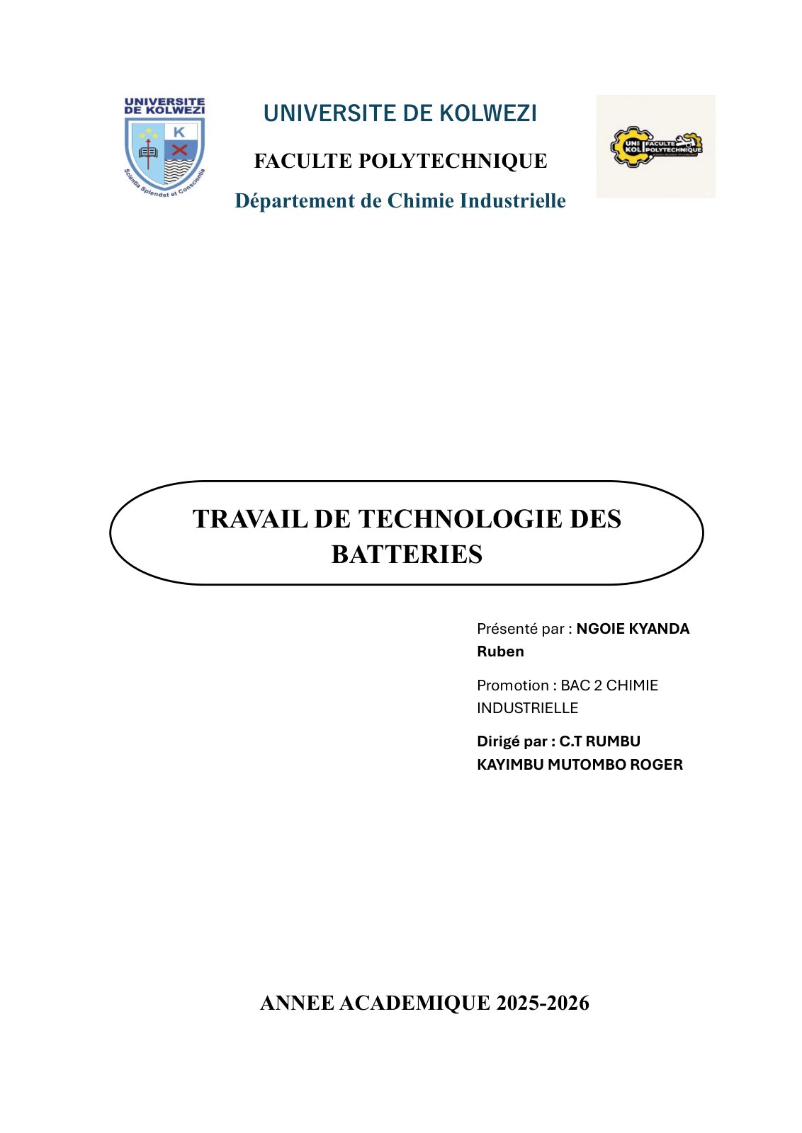 First page of TRA V AIL DE TECHNOLOGIE DES BATTERIES