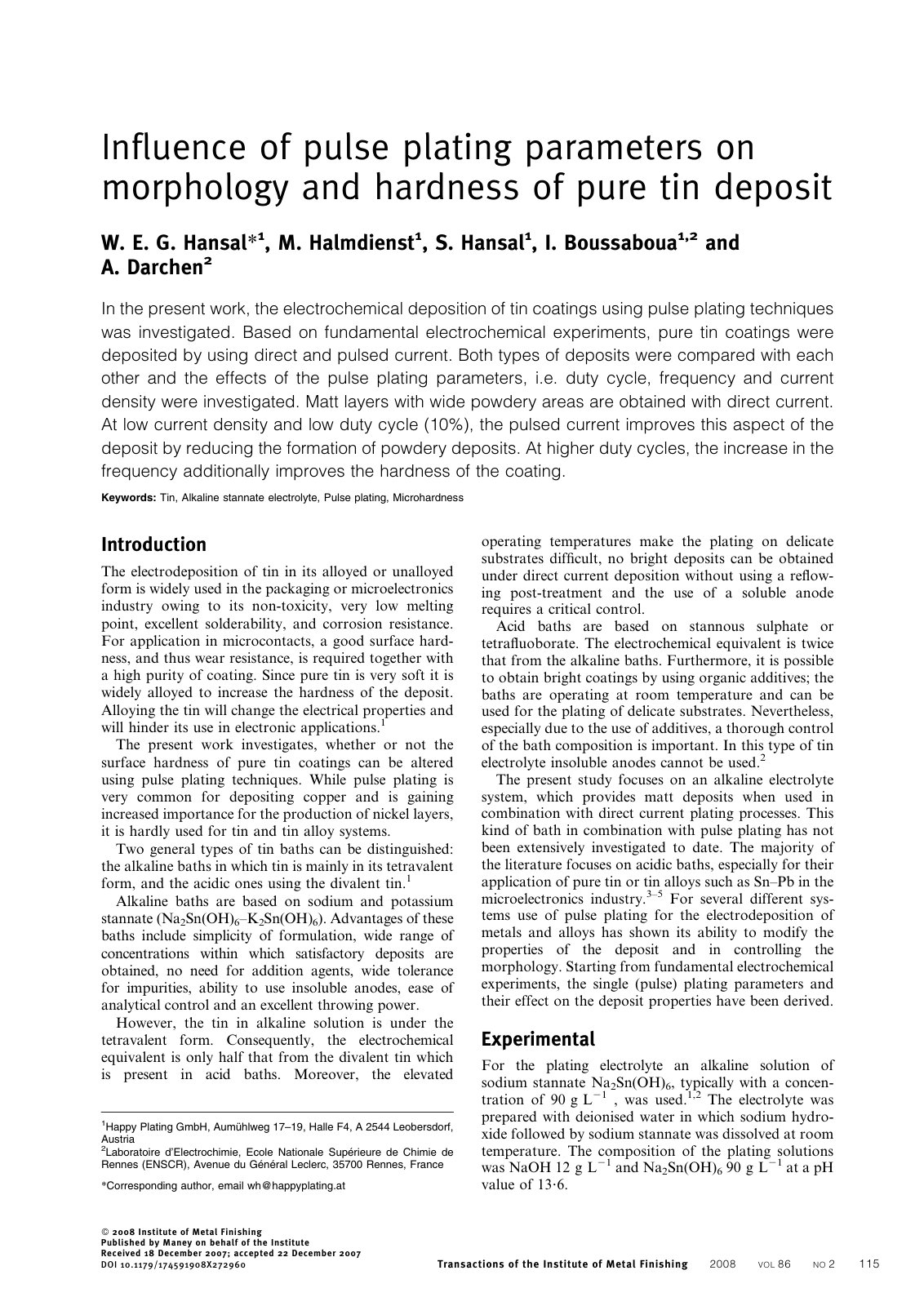 First page of Influence of pulse plating parameters on morphology and hardness of pure tin deposit