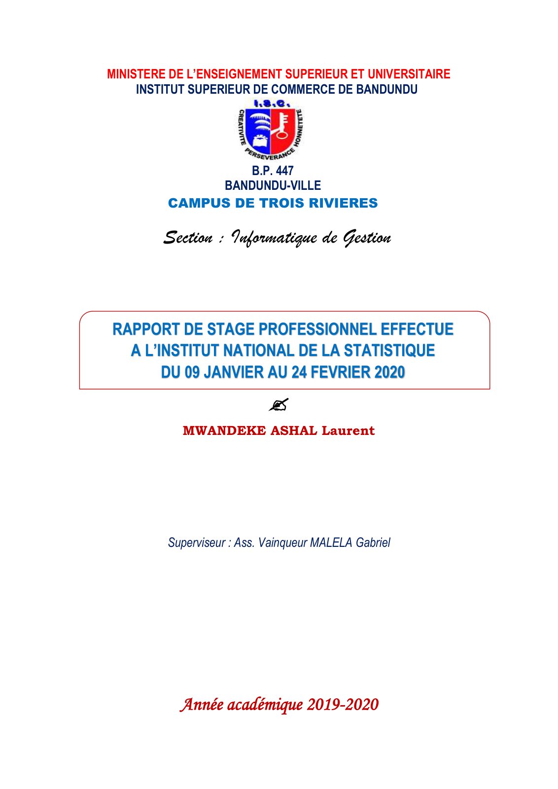 First page of RAPPORT DE STAGE MWANDEKE ASHAL