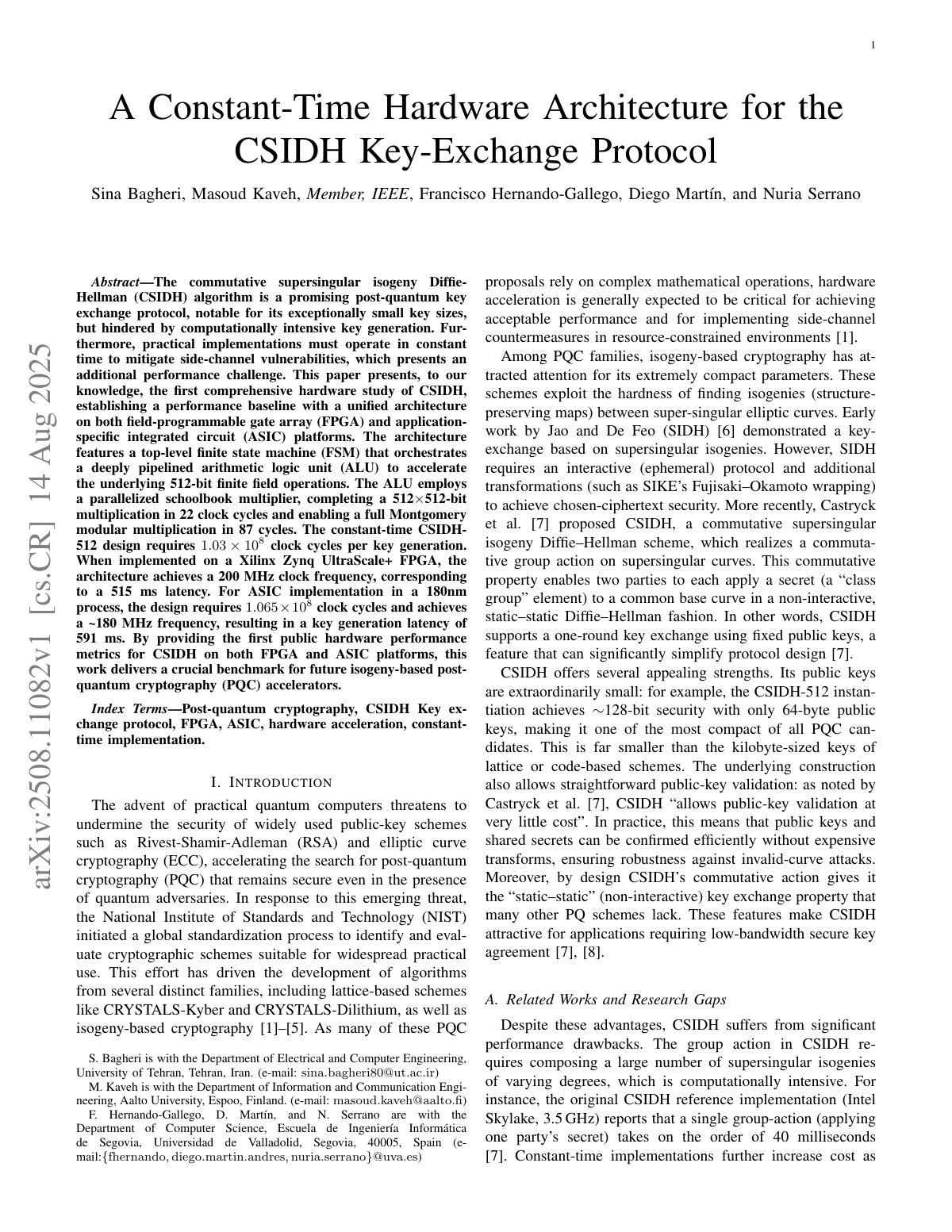 First page of A Constant-Time Hardware Architecture for the CSIDH Key-Exchange Protocol