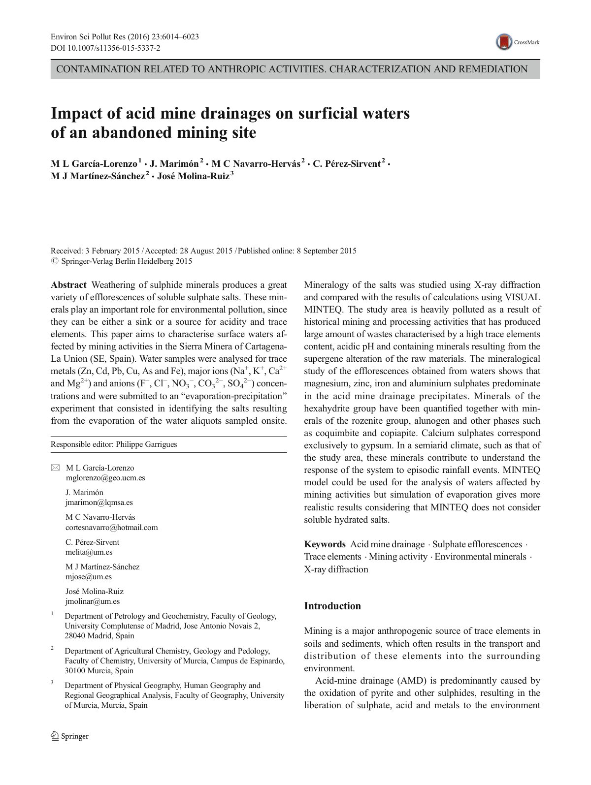 First page of Impact of acid mine drainages on surficial waters of an abandoned mining site