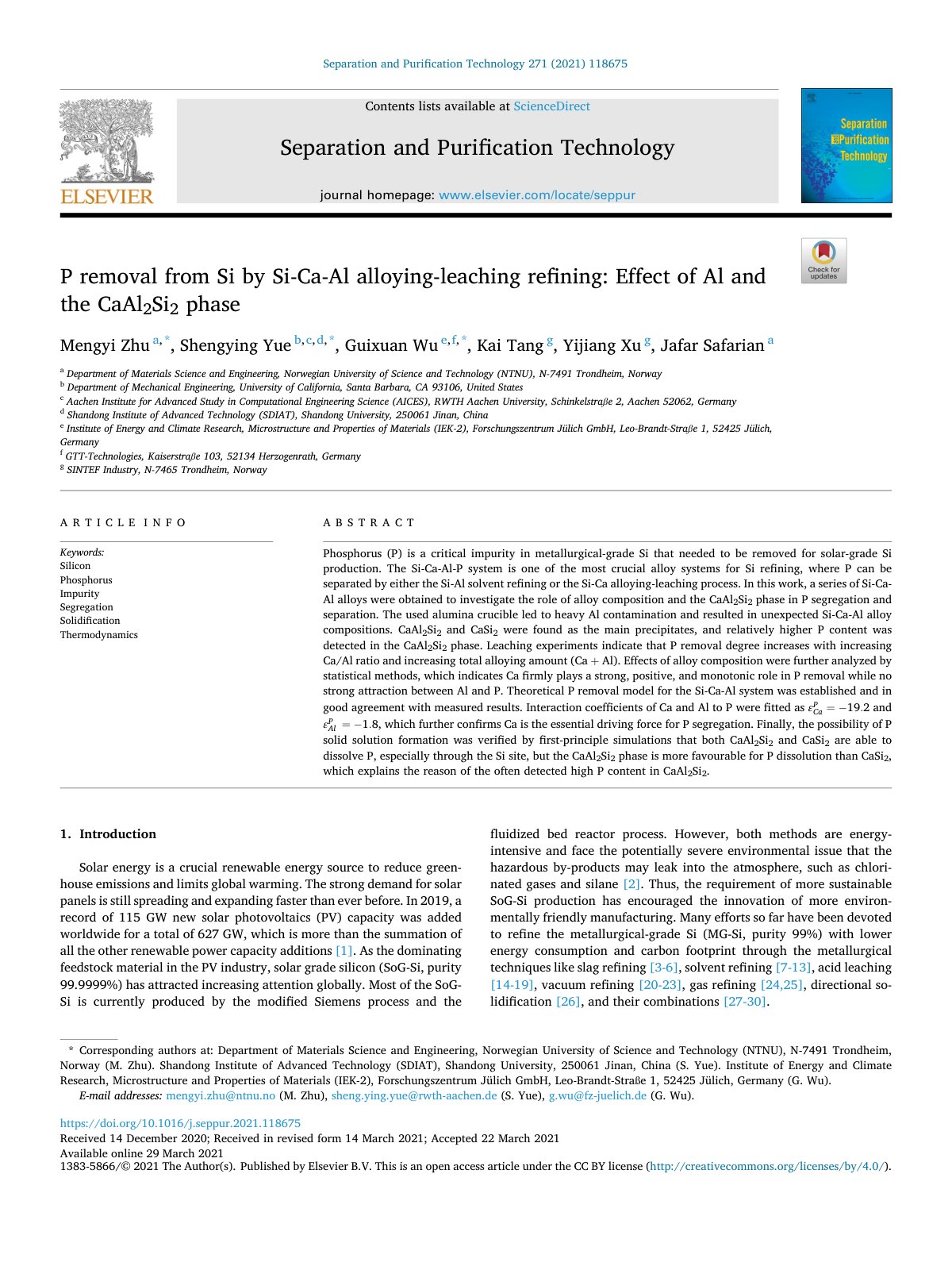 First page of P removal from Si by Si-Ca-Al alloying-leaching refining: Effect of Al and the CaAl2Si2 phase