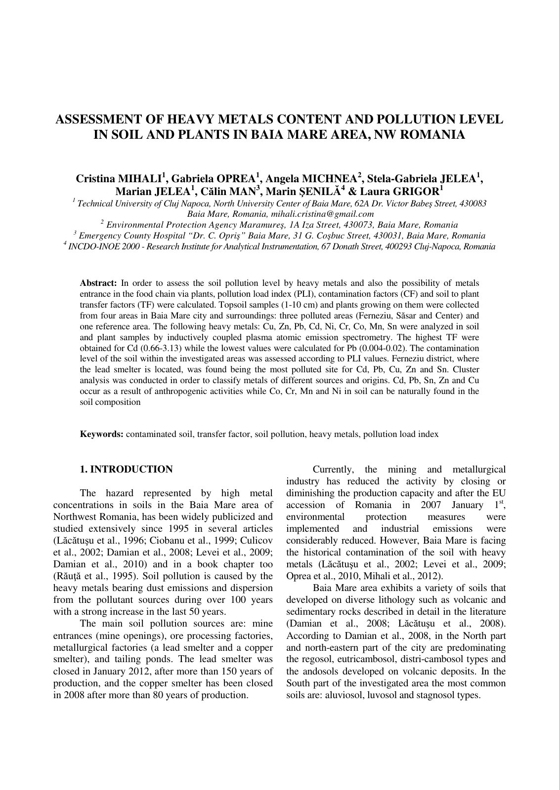 First page of Assessment of heavy metals content and pollution level in soil and plants in Baia Mare area, NW Romania
