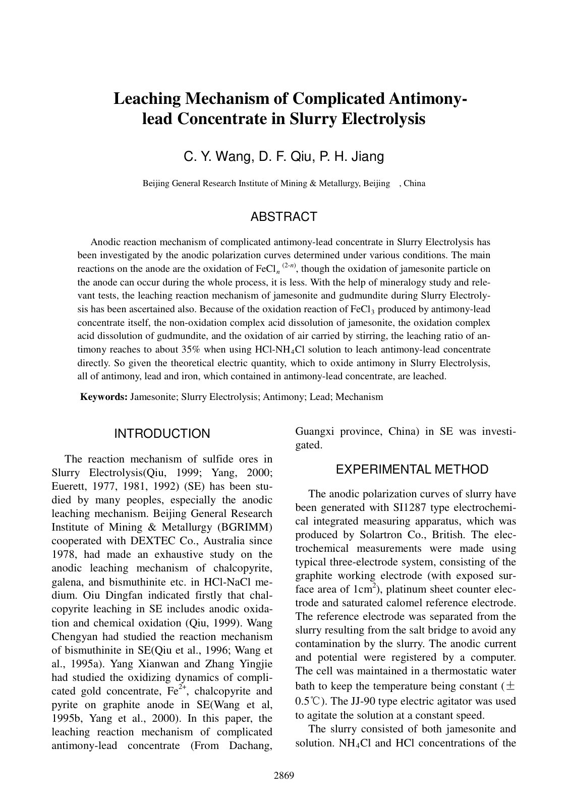 First page of Leaching Mechanism of Complicated Antimony-lead Concentrate in Slurry Electrolysis