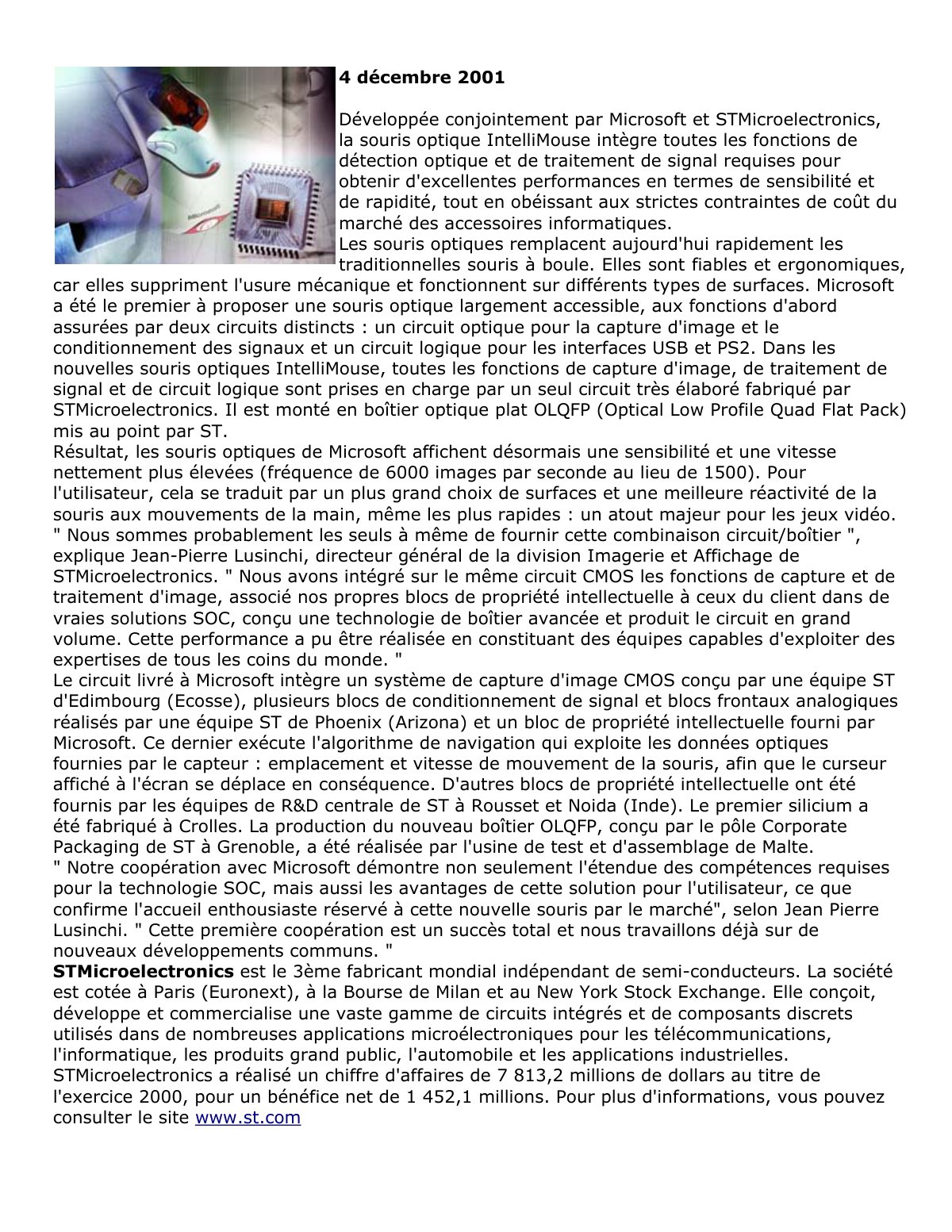 First page of Développée conjointement par Microsoft et STMicroelectronics, la souris optique IntelliMouse