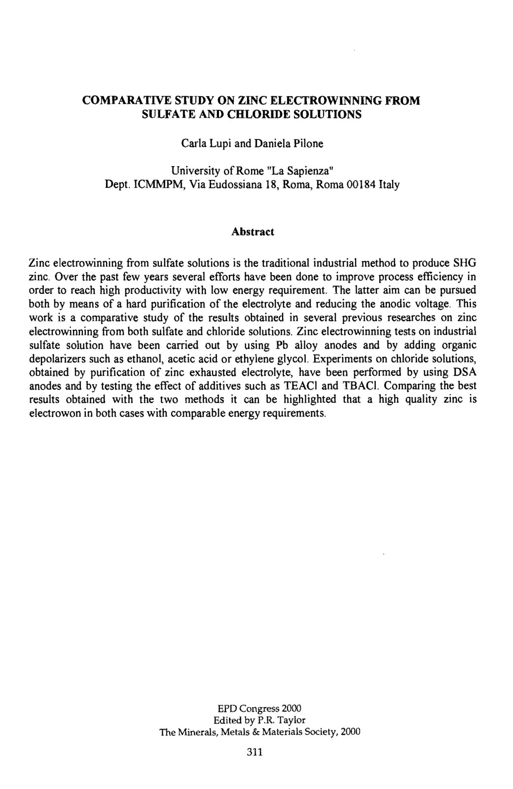 First page of COMPARATIVE STUDY ON ZINC ELECTROWINNING FROM SULFATE AND CHLORIDE SOLUTIONS 