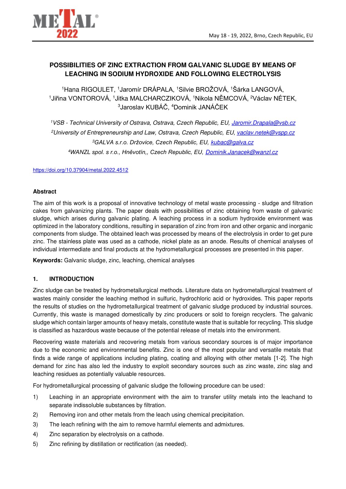 First page of Possibilities of zinc extraction from galvanic sludge by means of leaching in sodium hydroxide and following electrolysis