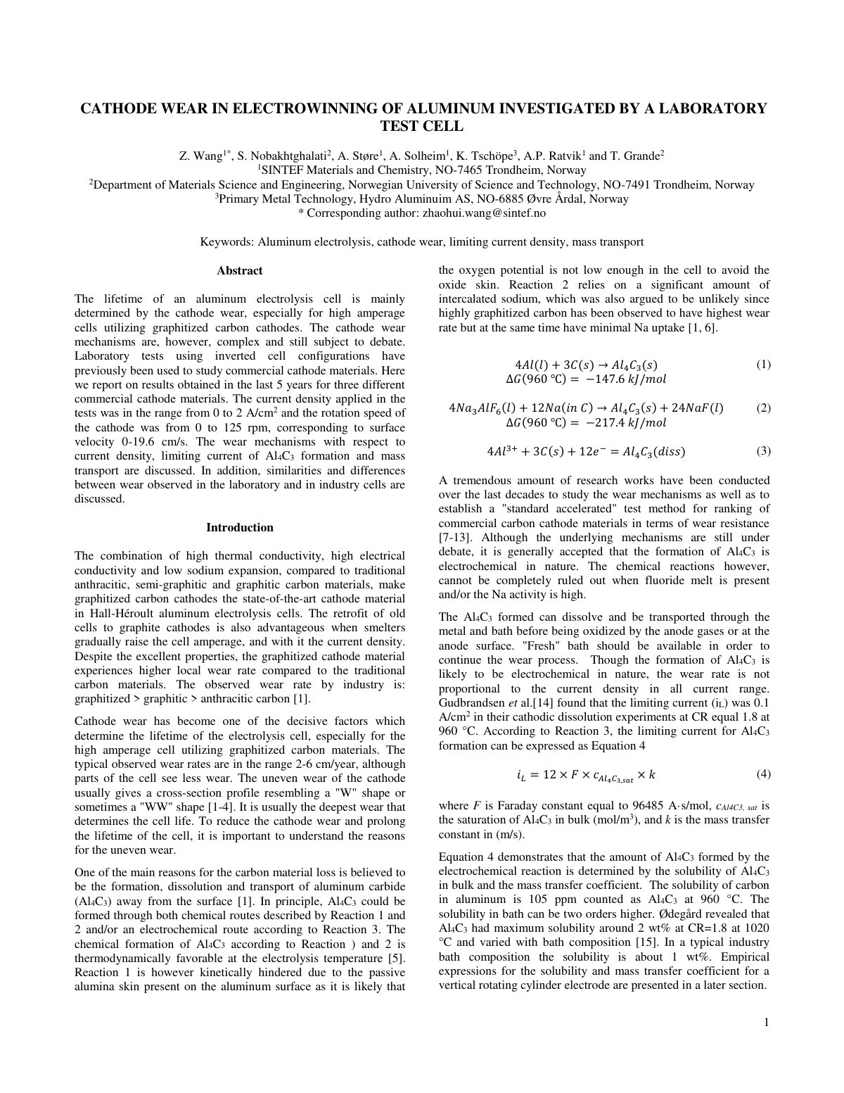 First page of Cathode Wear in Electrowinning of Alumin