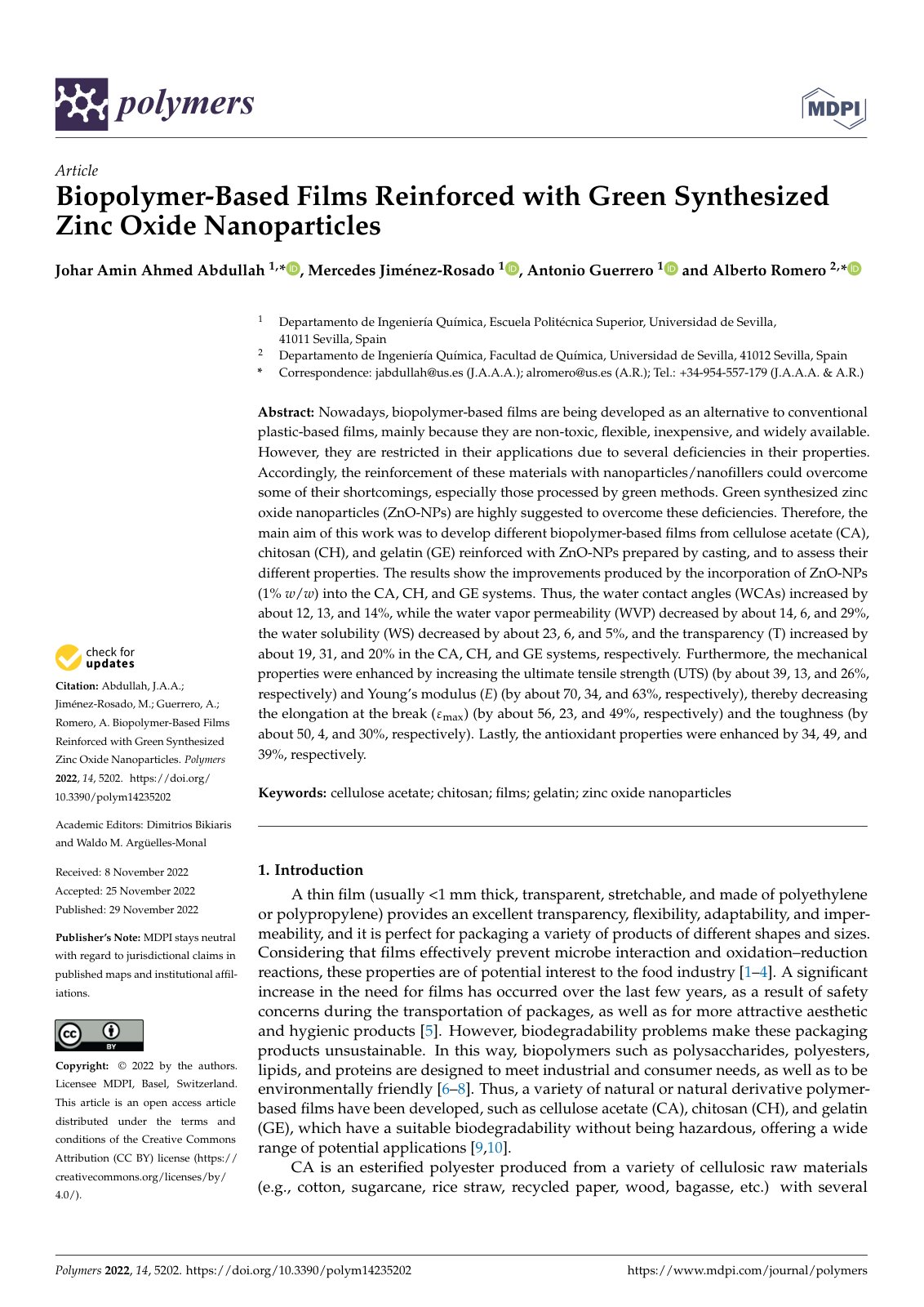 First page of Biopolymer Based Films Reinforced with G