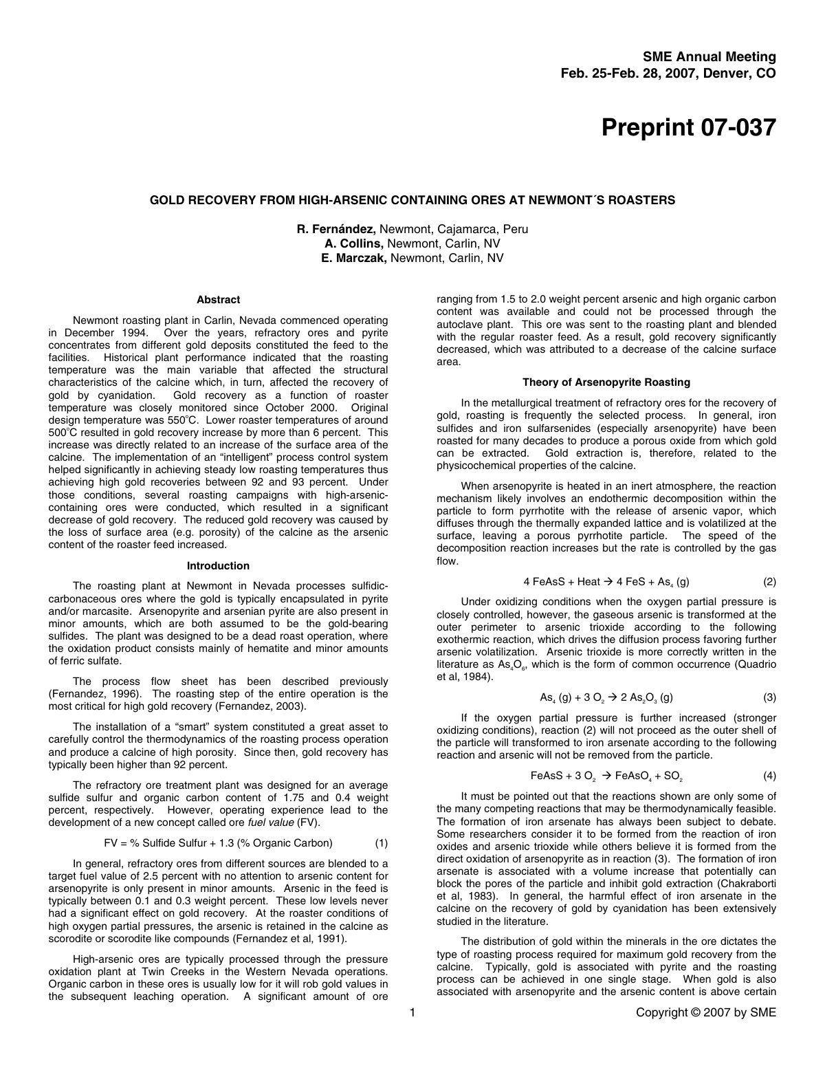 First page of Gold Recovery from High-Arsenic Containing Ores at Newmont's Roasters