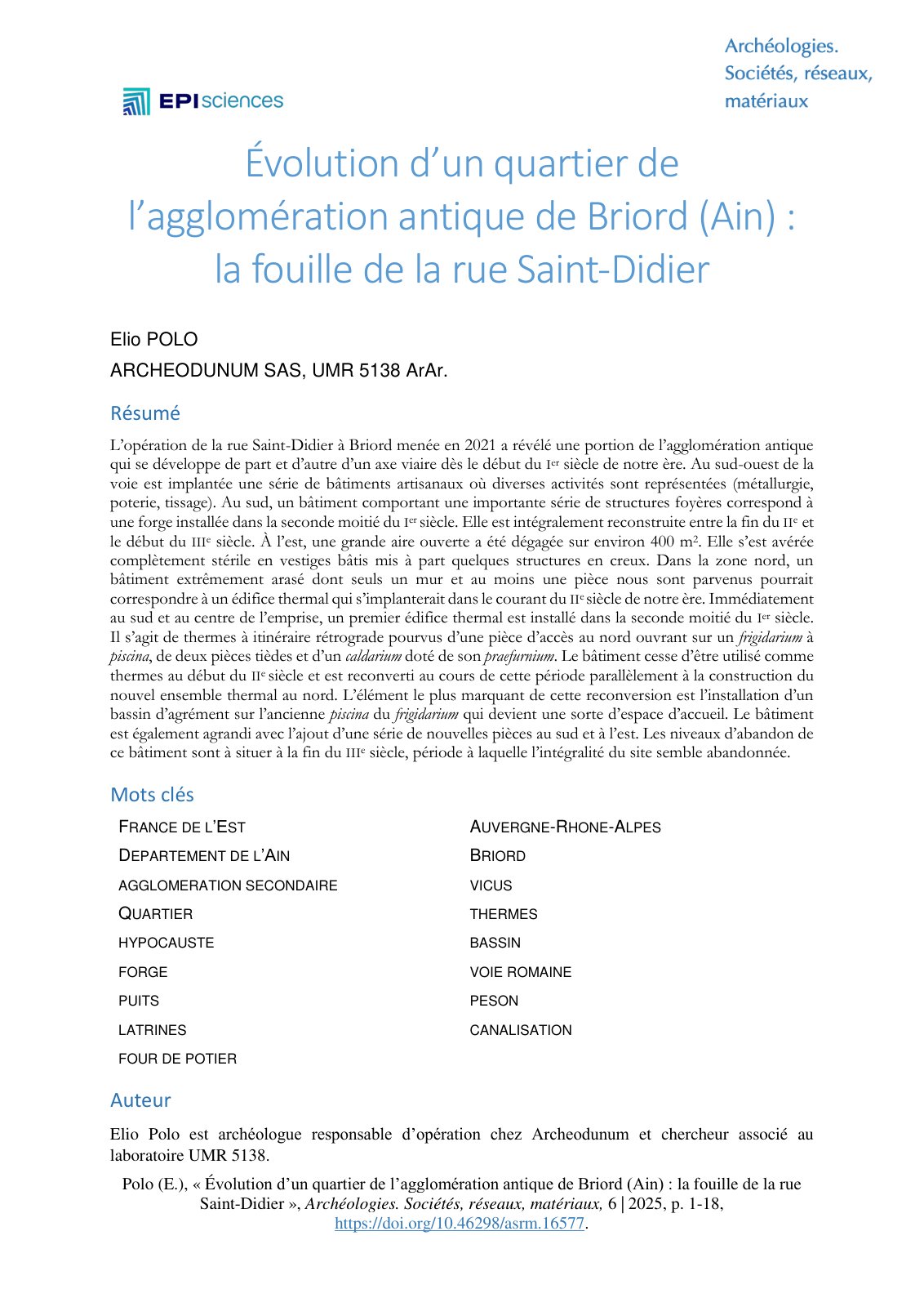 First page of Evolution dun quartier de lagglomeration antique