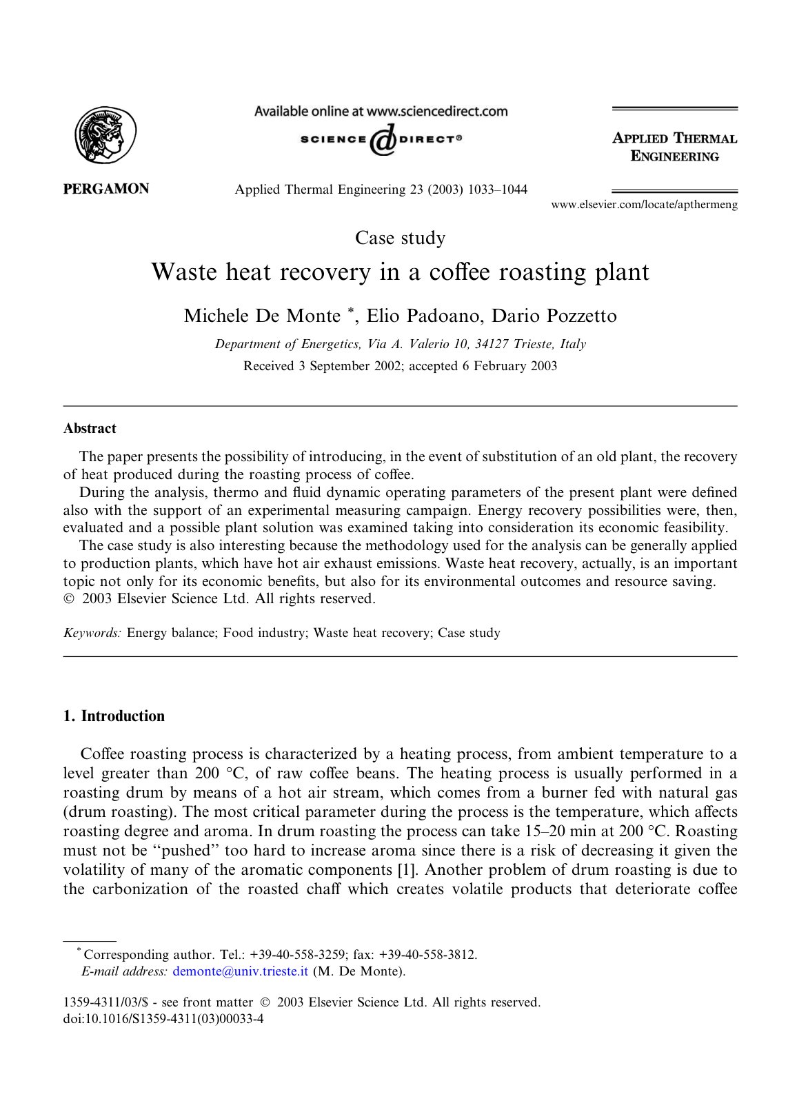 First page of Waste heat recovery in a coﬀee roasting plant