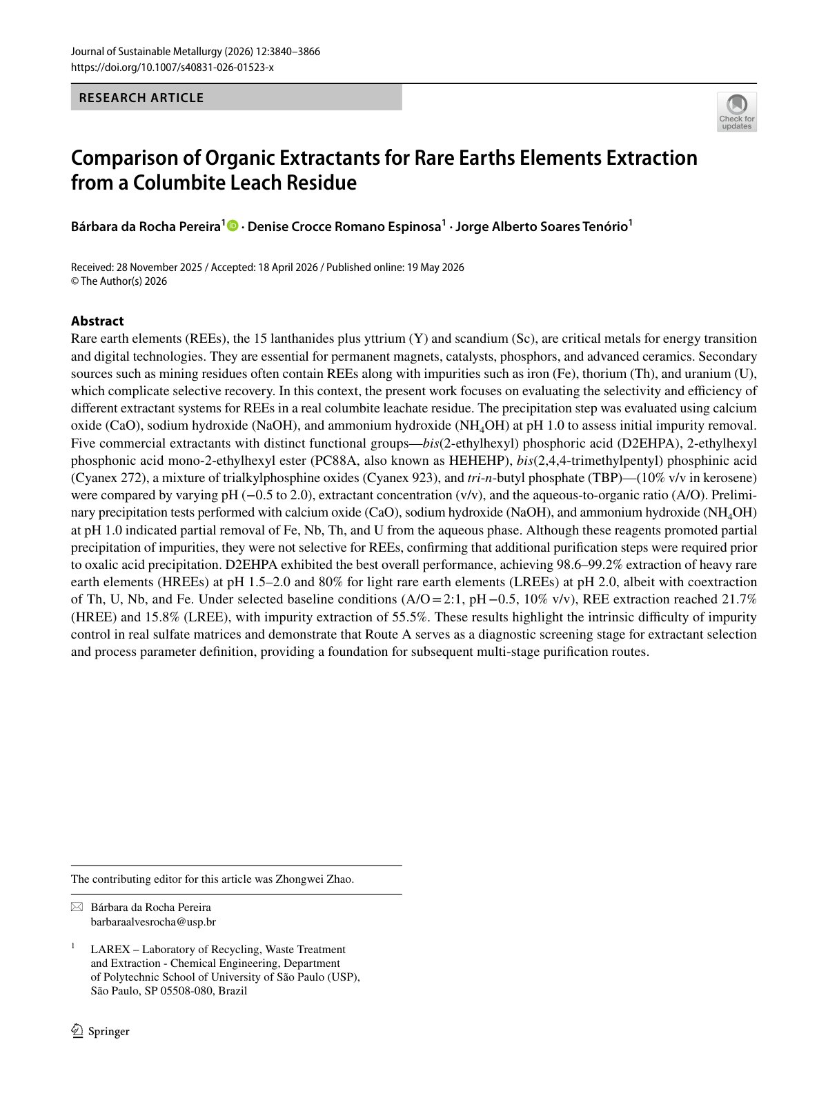 First page of 2026   Pereira   Rare earth extraction from columbite residue