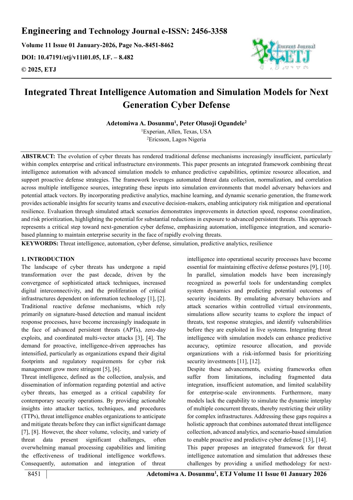 First page of Integrated Threat Intelligence Automation and Simulation Models for Next  Generation Cyber Defense  