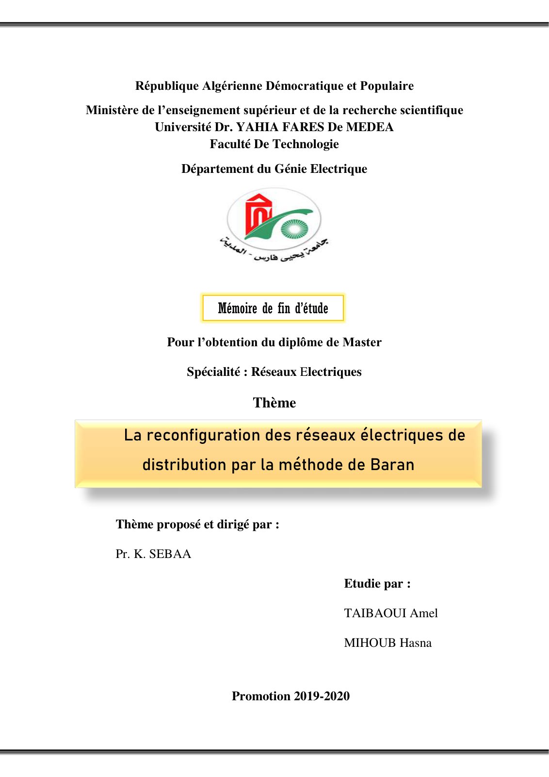 First page of La reconfiguration des réseaux électriques de distribution par la méthode de Baran