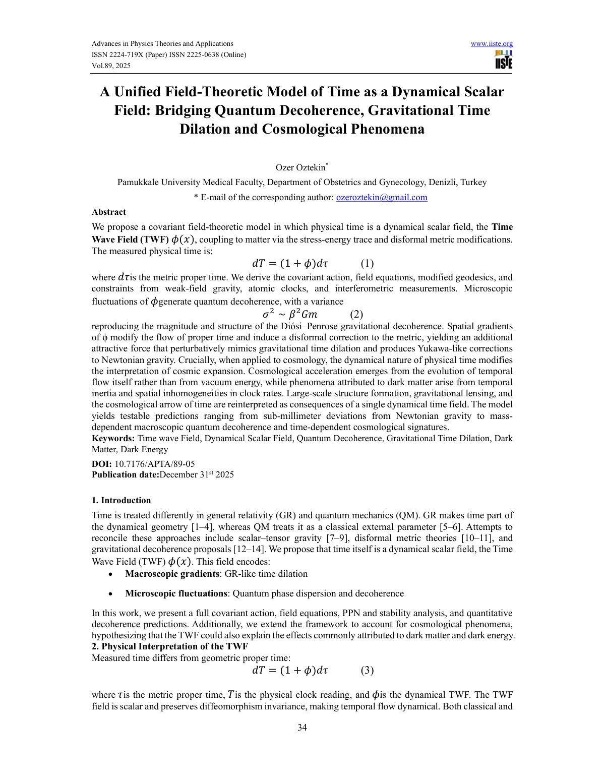 First page of A Unified Field Theoretic Model of Time