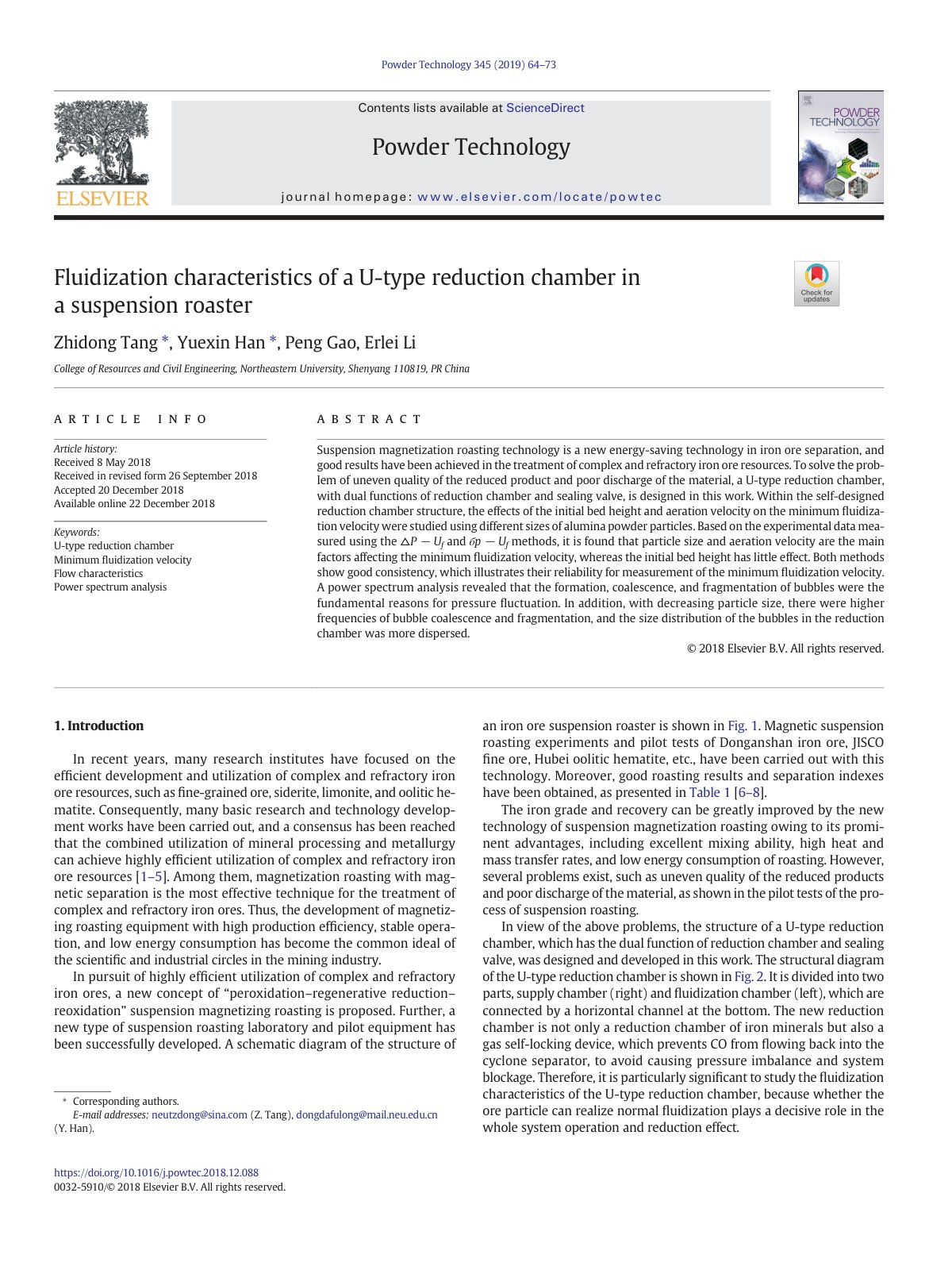 First page of Fluidization characteristics of a U type reduction chamber 2019 Powder Techn