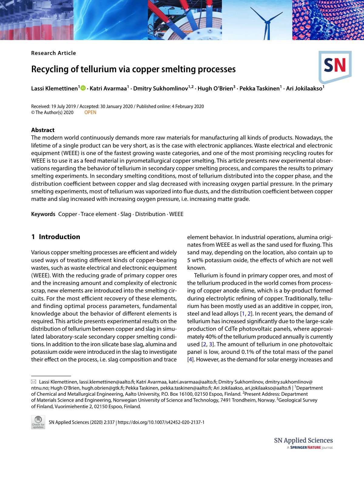 First page of Recycling of tellurium via copper smelti