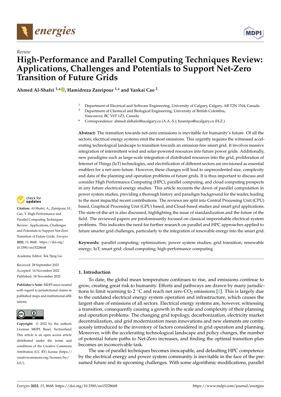 First page of High-Performance and Parallel Computing Techniques Review: Applications, Challenges and Potentials to Support Net-Zero Transition of Future Grids