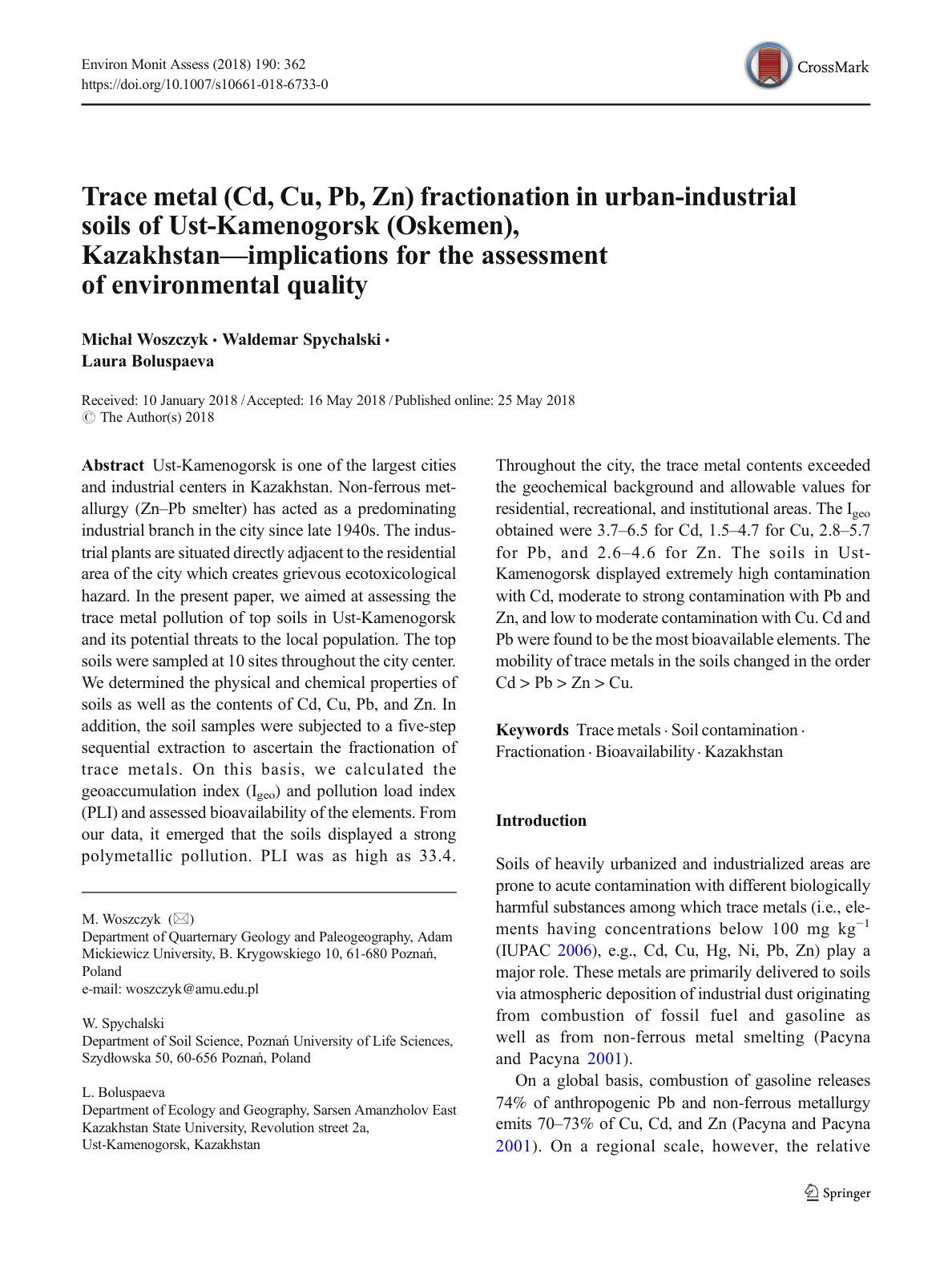 First page of Trace metal (Cd, Cu, Pb, Zn) fractionation in urban-industrial soils of Ust-Kamenogorsk (Oskemen), Kazakhstan—implications for the assessment of environmental quality