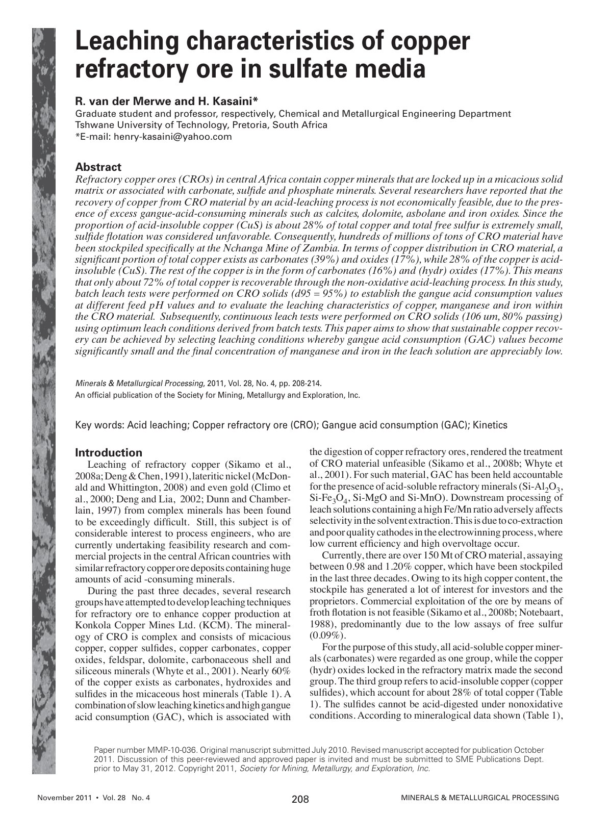 First page of Leaching characteristics of copper refractory ore in sulfate media