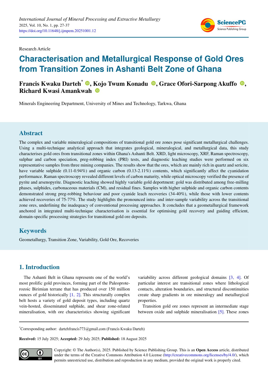 First page of Characterisation and Metallurgical Respo
