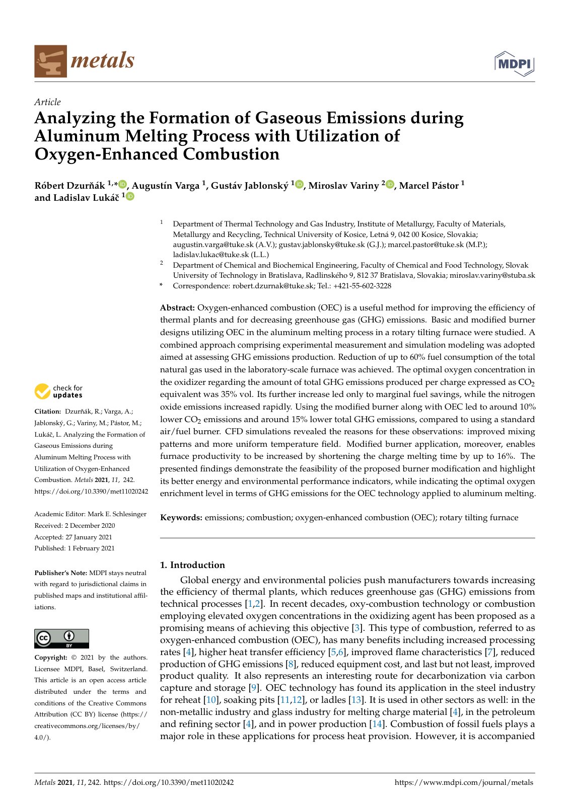 First page of Analyzing the Formation of Gaseous Emissions during Aluminum Melting Process with Utilization of Oxygen-Enhanced Combustion
