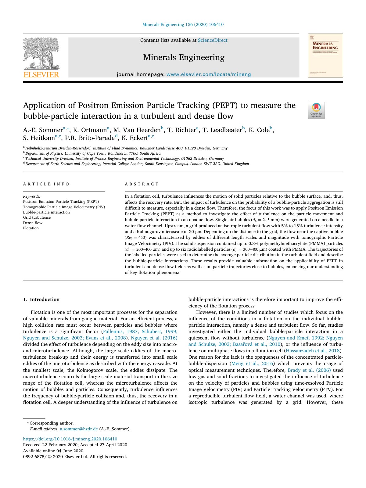 First page of Application of Positron Emission Particle Tracking  PEPT  to  2020 Minerals 