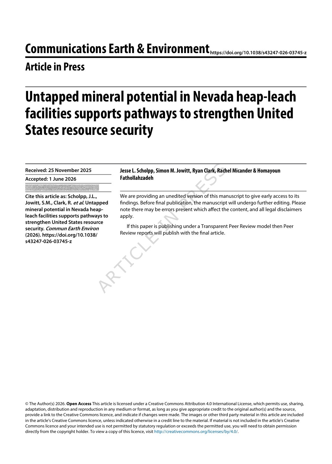 First page of Untapped mineral potential in Nevada heap-leach facilities supports pathways to strengthen United States resource security