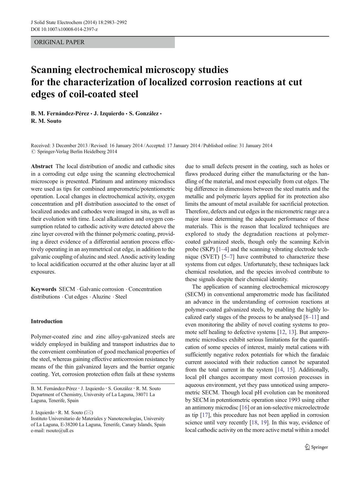 First page of Scanning electrochemical microscopy studies for the characterization of localized corrosion reactions at cut edges of coil-coated steel