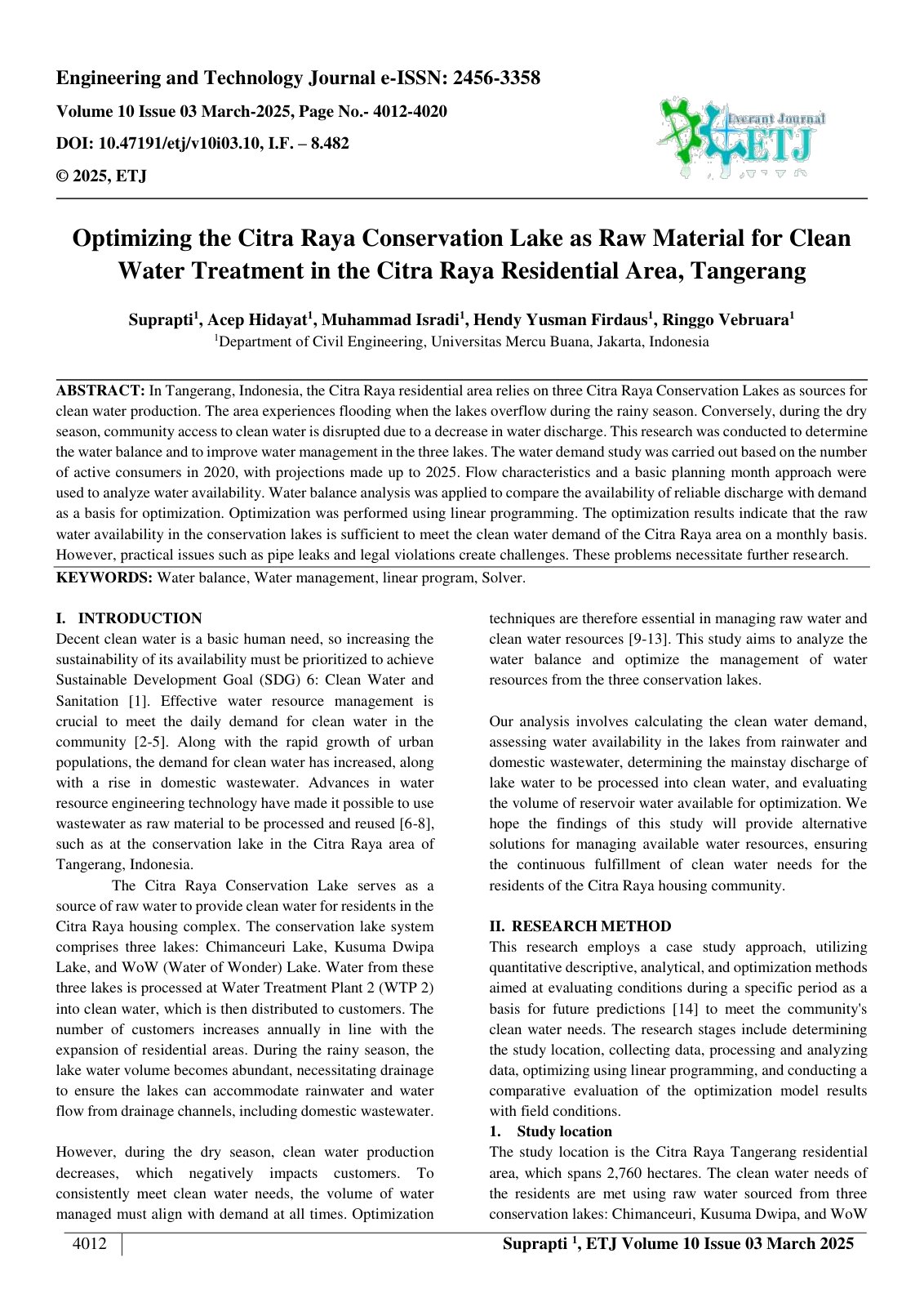 First page of Optimizing the Citra Raya Conservation Lake as Raw Material for Clean  Water Treatment in the Citra Raya Residential Area, Tangerang  
