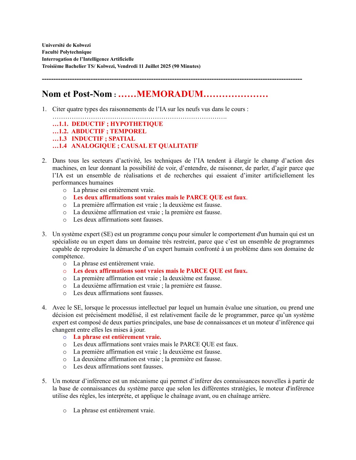 First page of Interro IA Bac3 Memoradum