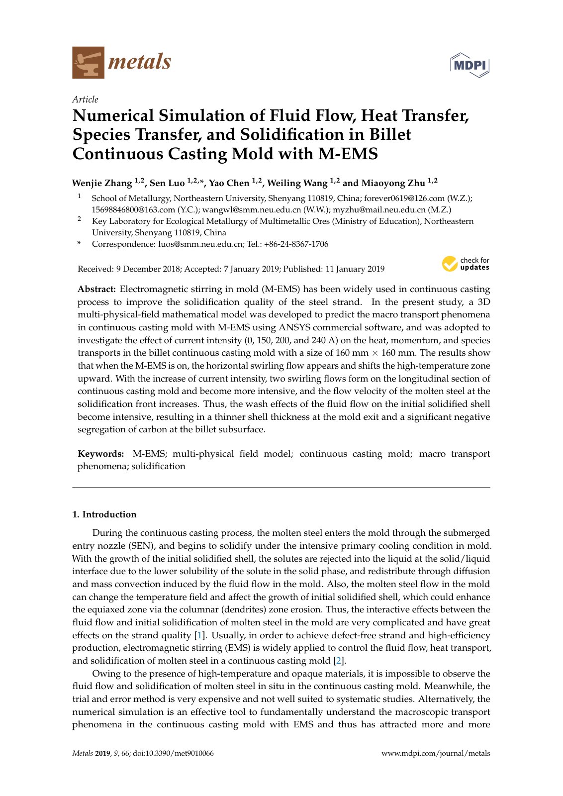 First page of Numerical Simulation of Fluid Flow, Heat Transfer, Species Transfer, and Solidiﬁcation in Billet Continuous Casting Mold with M-EMS