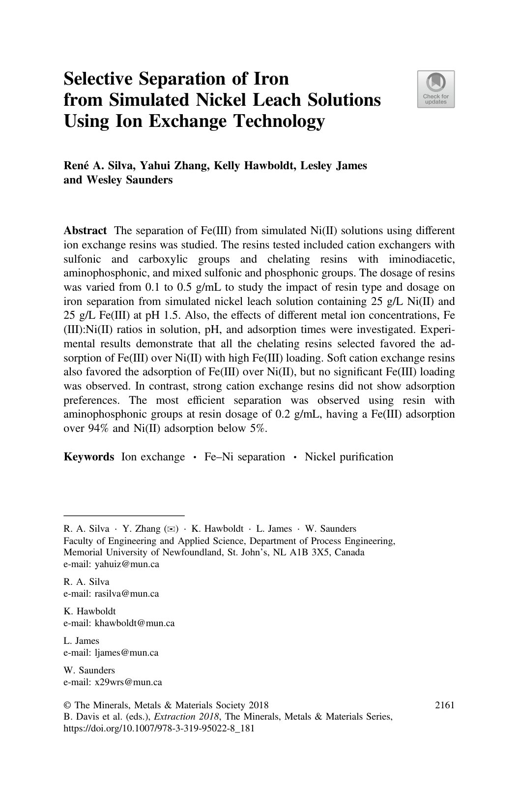 First page of Selective Separation of Iron from Simulated Nickel Leach Solutions Using Ion Exchange Technology