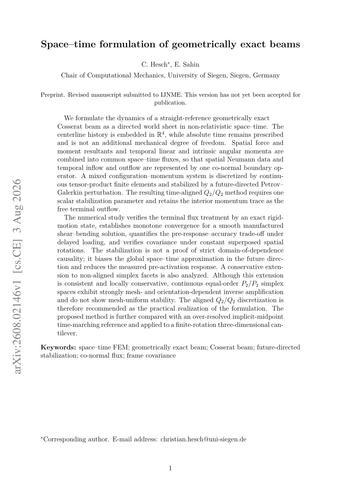 First page of 2026 Hesch Space Time Exact Beams