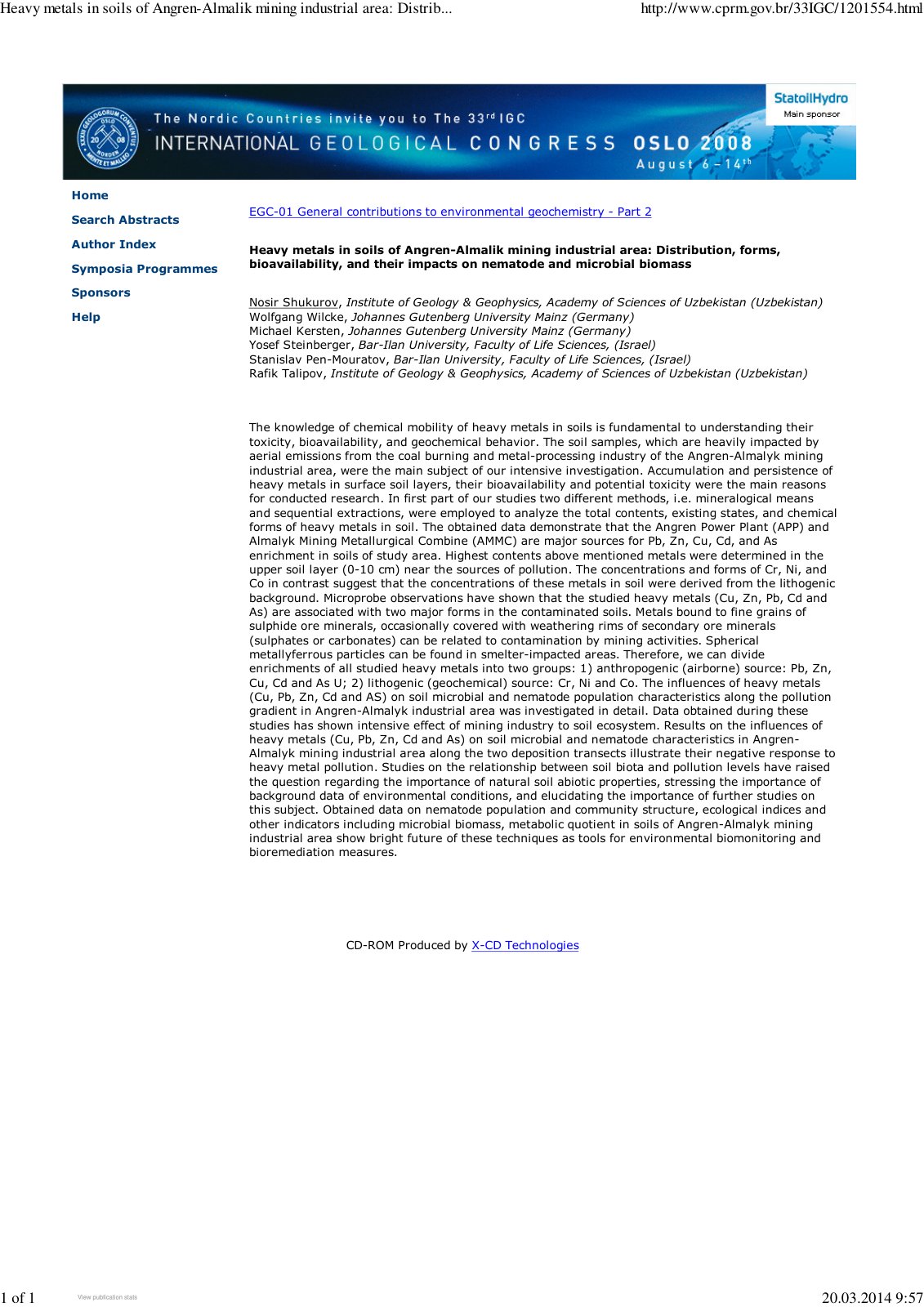 First page of Heavy metals in soils of Angren-Almalik mining industrial area: Distrib...