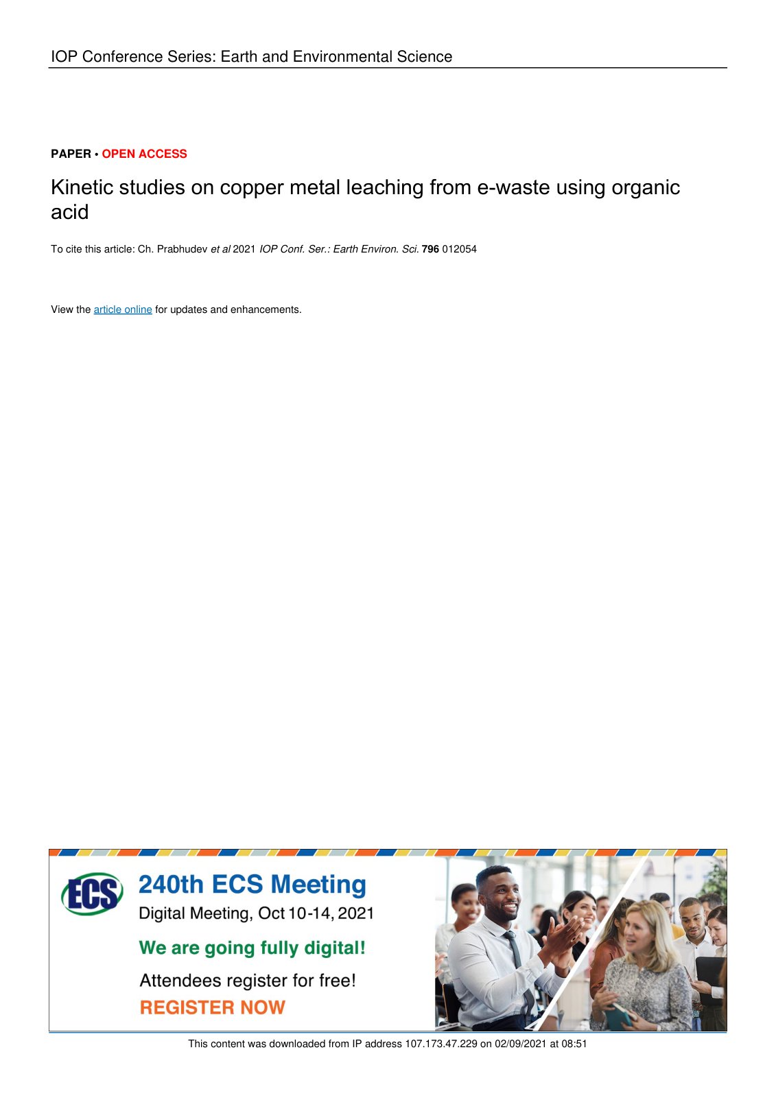 First page of Kinetic studies on copper metal leaching