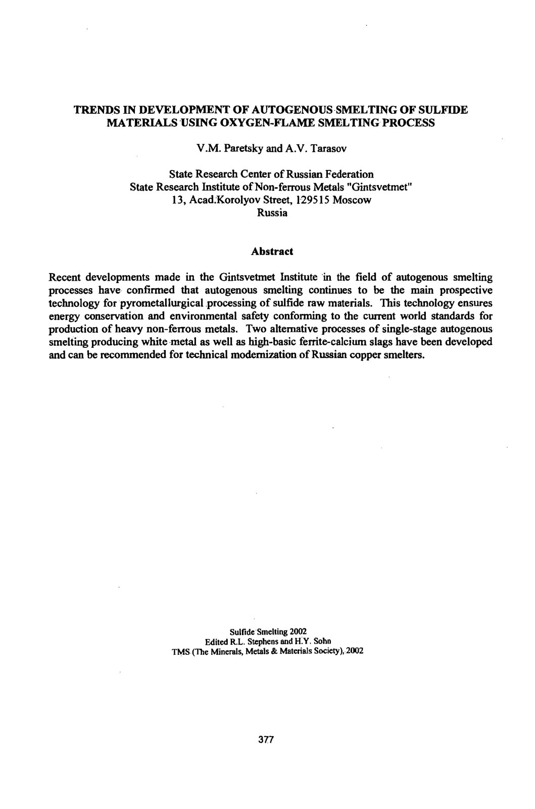 First page of TRENDS IN DEVELOPMENT OF AUTOGENOUS SMELTING OF SULFIDE MATERIALS USING OXYGEN-FLAME SMELTING PROCESS