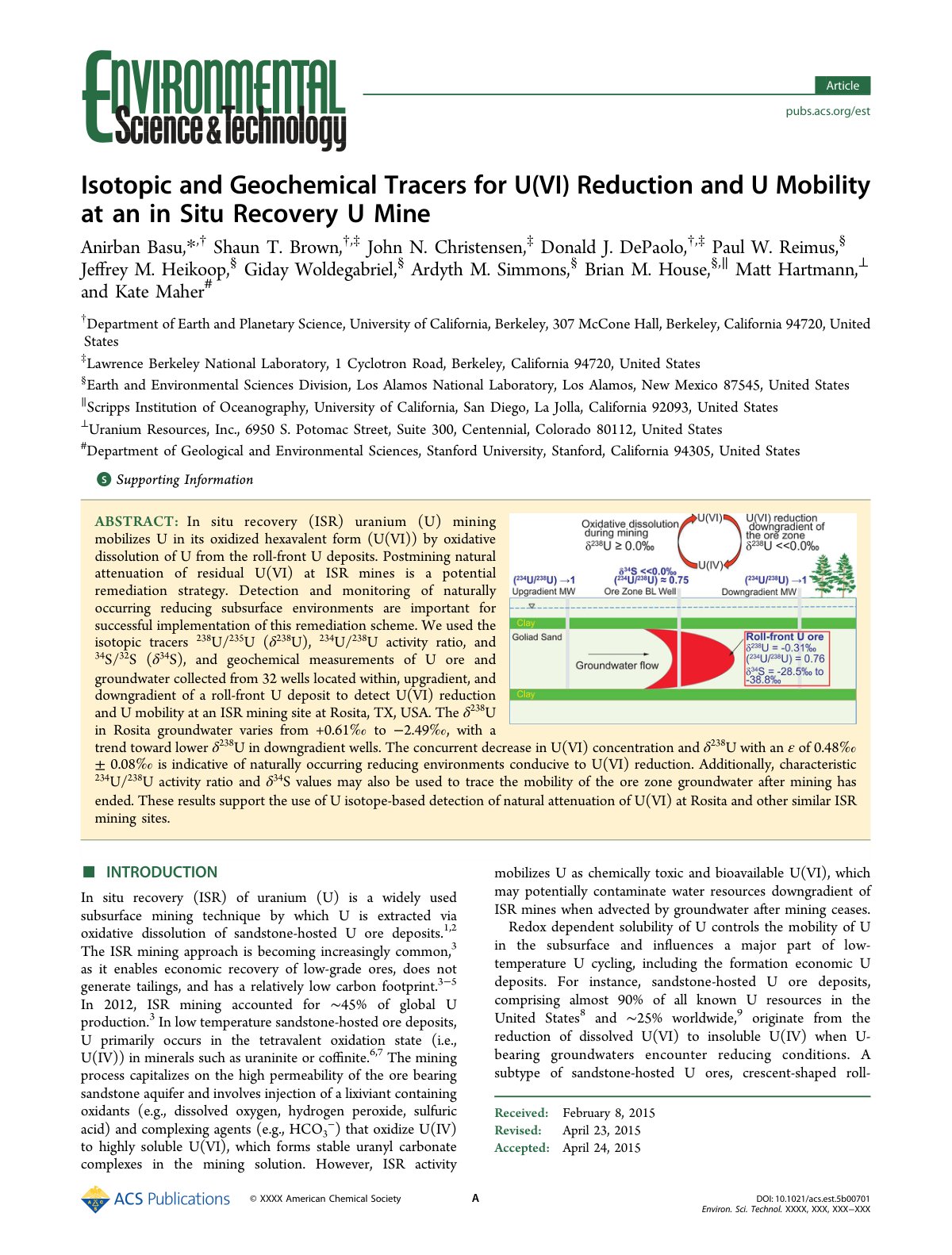 First page of Isotopic and Geochemical Tracers for U(VI) Reduction and U Mobility at an in Situ Recovery U Mine