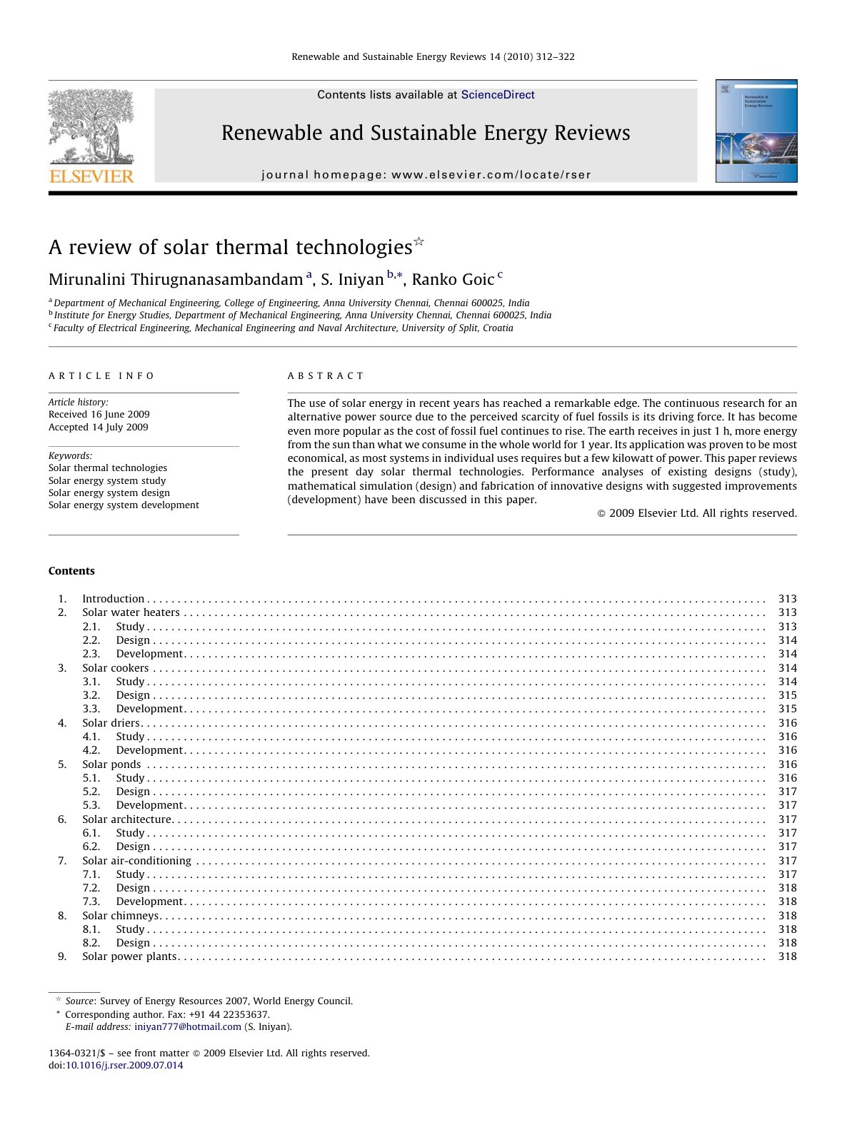 First page of A review of solar thermal technologies