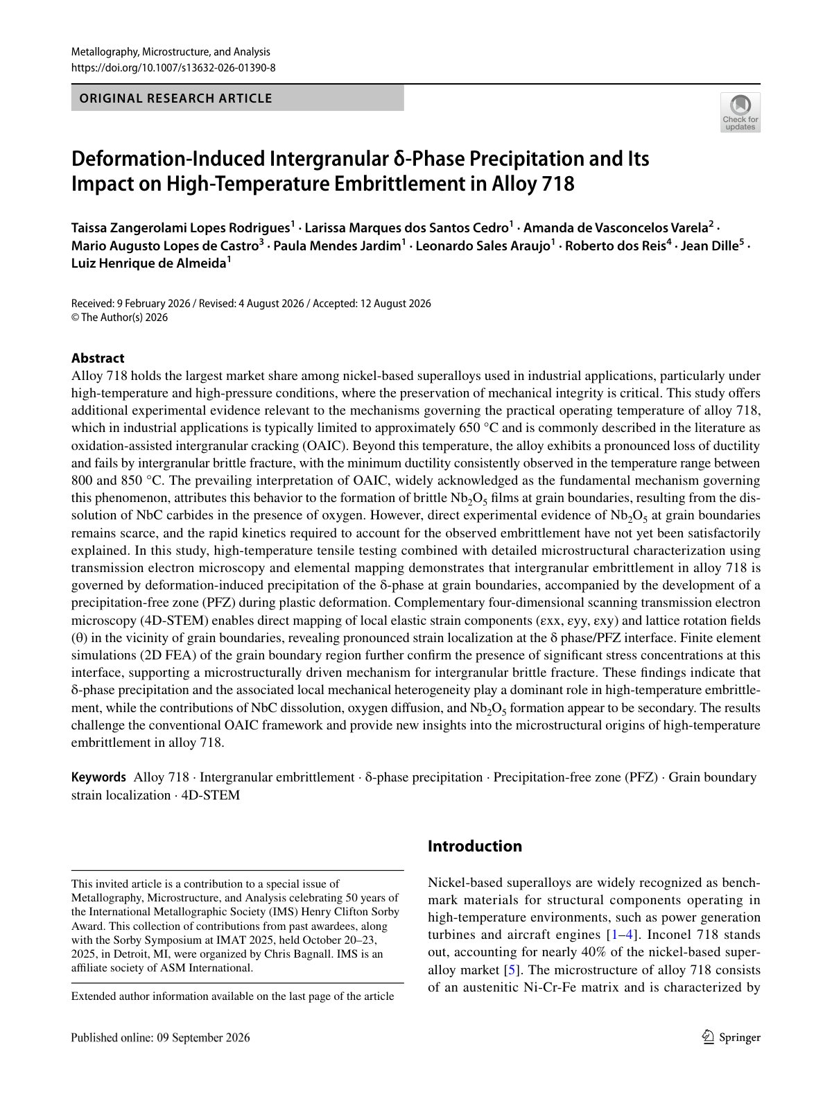 First page of 2026 Rodrigues Alloy718 Delta Phase Embrittlement