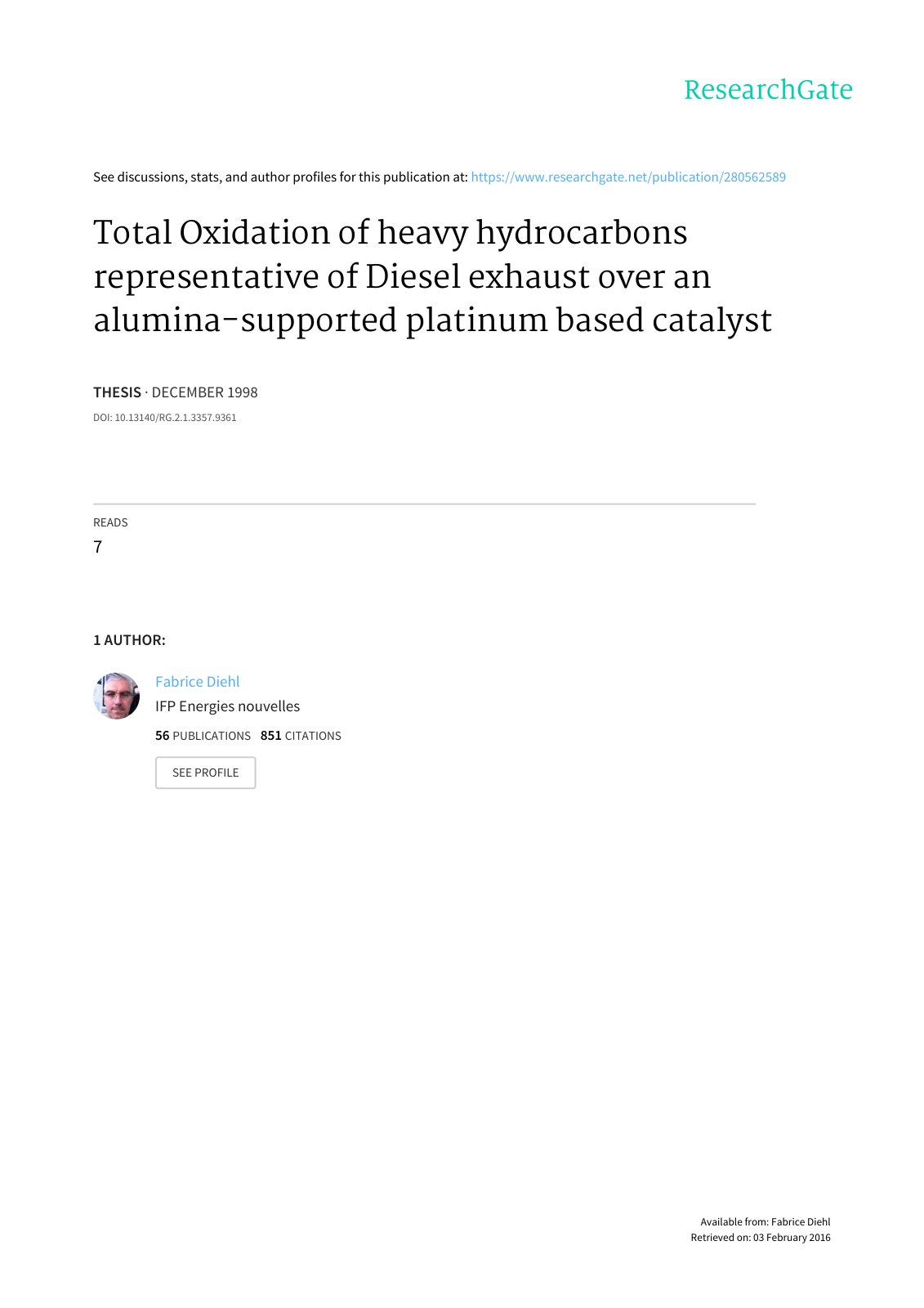 First page of Total Oxidation of heavy hydrocarbons - representative of Diesel exhaust over an alumina-supported platinum based catalyst