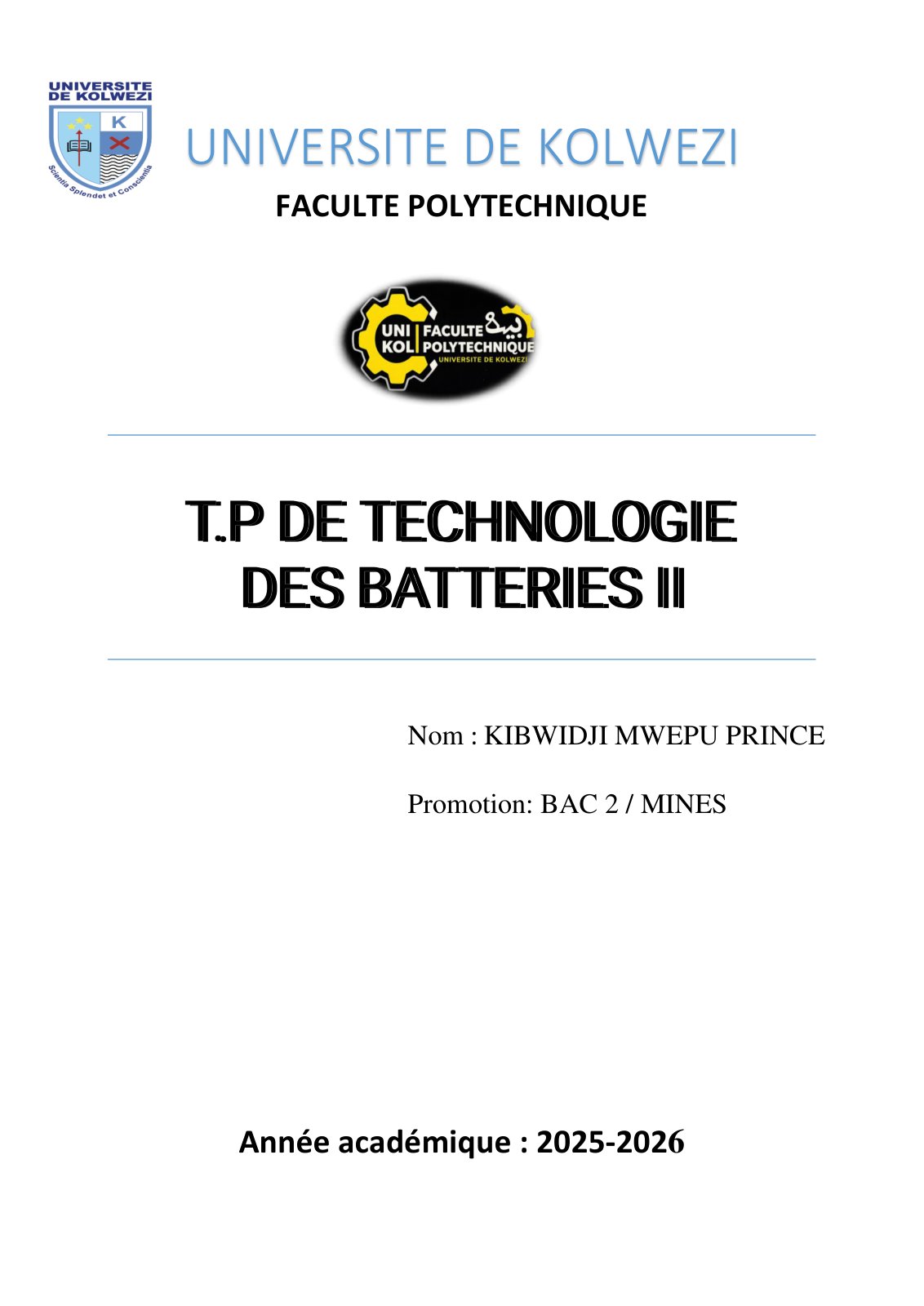 First page of KIBWIDJI MWEPU PRINCE BAC2 MINES T.P TECH BATTERIES