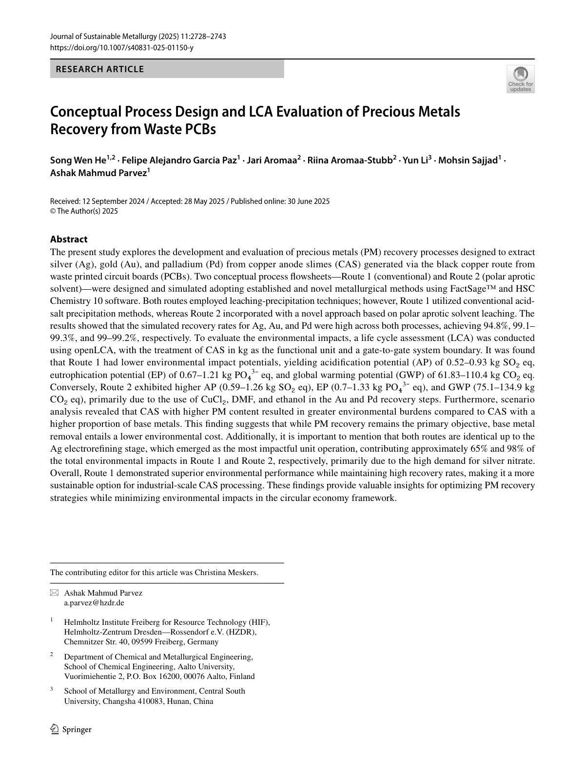 First page of Conceptual Process Design and LCA Evaluation of Precious Metals Recovery from Waste PCBs